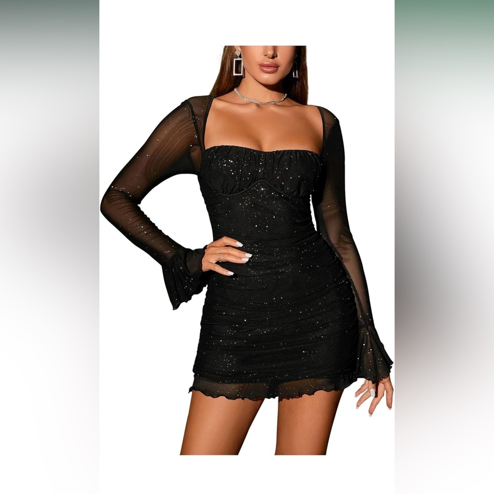 Chic Black Sparkle Long Sleeve Dress